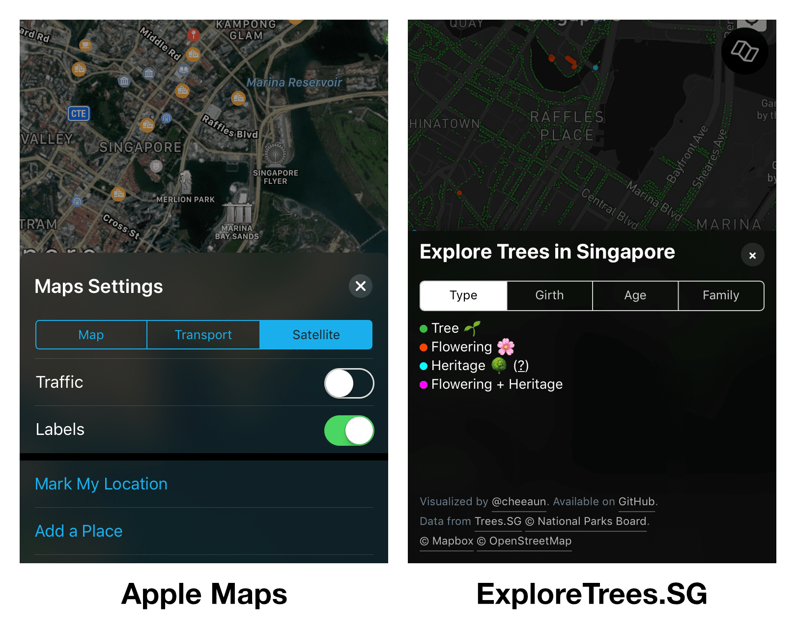 Apple Maps Settings compared to Layers panel in ExploreTrees.SG