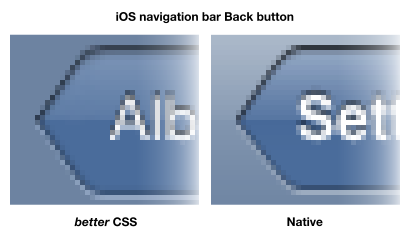 Native iOS navigation bar Back button and one done in pure CSS, zoomed in 5 times
