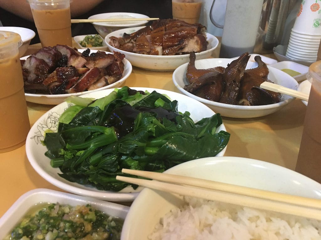 Char siew with vegetable, rice and "lai cha" at Joy Hing Roasted Meat restaurant in Hong Kong