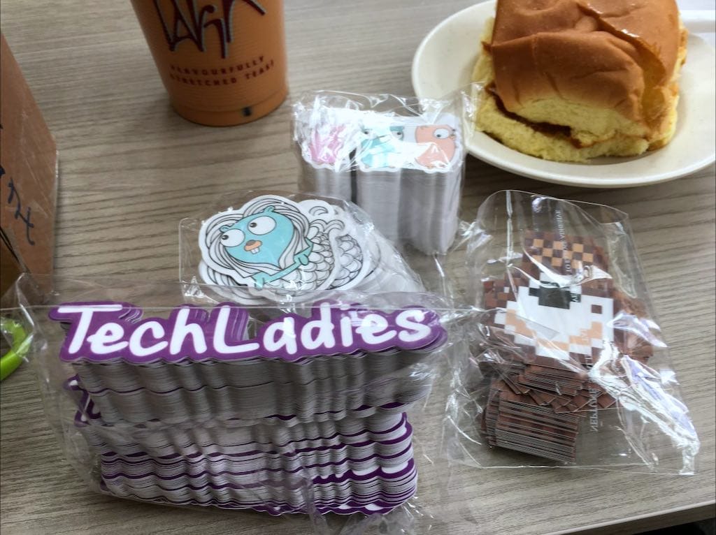Gophercon Singapore, TechLadies and pixelated KopiJS stickers, from StickerHD
