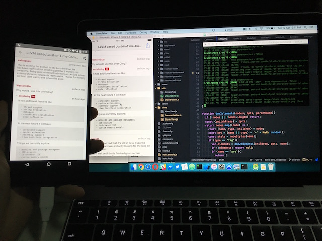 Running HackerWeb app on both iPhone/iOS simulator and Android Nexus 5X phone, with a MacBook