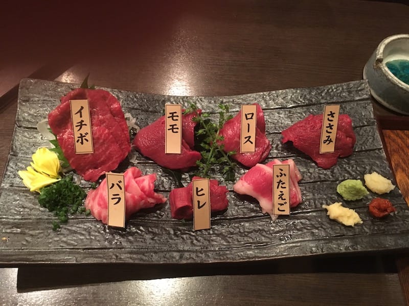 Seven kinds of horse meat at Obakurou in Tokyo
