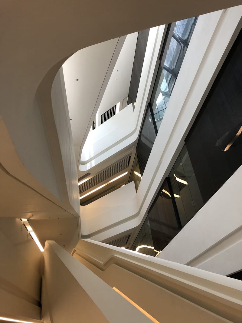 Futuristic stairwell in the Innovation Tower at the Hong Kong Polytechnic University