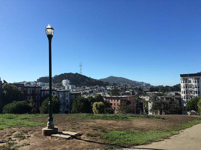View of Sutro Tower from Alamo Square Park in San Francisco
