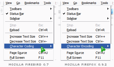 two menu popups, one showing the 'Character Coding' menu item in Mozilla Firebird 0.7, the other showing the 'Character Encoding' menu item in Mozilla Firefox 0.9.2