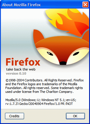 Mozilla Firefox's About dialog, showing the conceptual Firefox logo instead