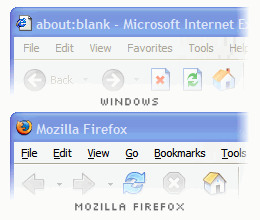 two unfocused windows, one is the Internet Explorer window showing disabled menubar menus, the other is the Mozilla Firefox window showing non-disabled menubar menus