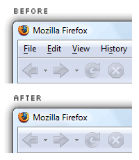 before: Firefox interface with menubar; after: Firefox interface without the menubar, installed with the 'Hide Menubar' extension