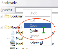 unchanged text cursor hovering over the right-click popup of the Search text box from the Bookmarks sidebar