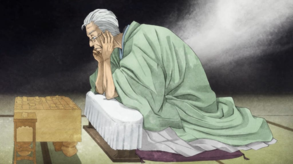 Sakutarou Yanagihara looking at the shogi board with smoke coming out from his back - 3-gatsu no Lion anime