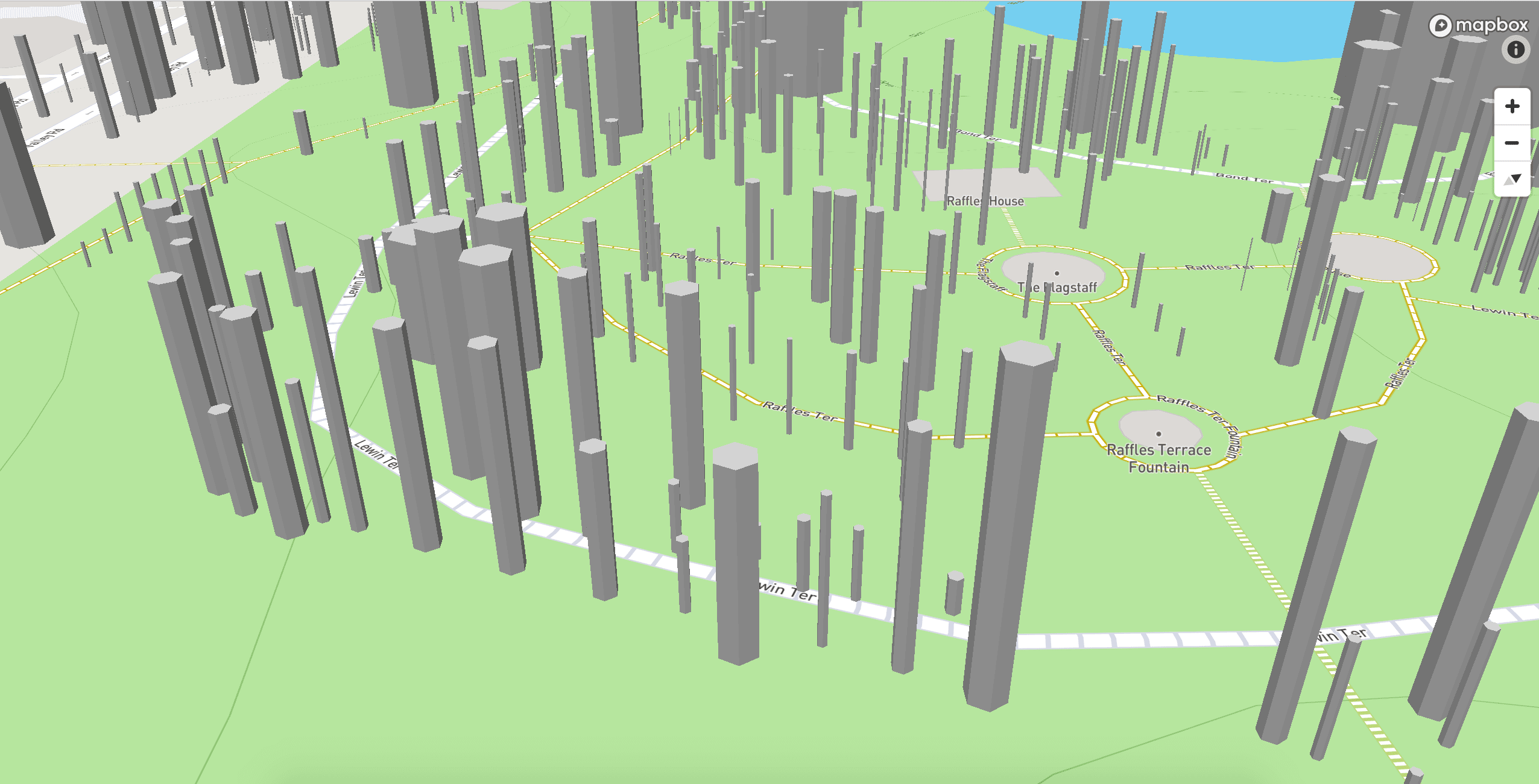 3D trees rendered based on girth and height on a map in Singapore, zoomed in close-up