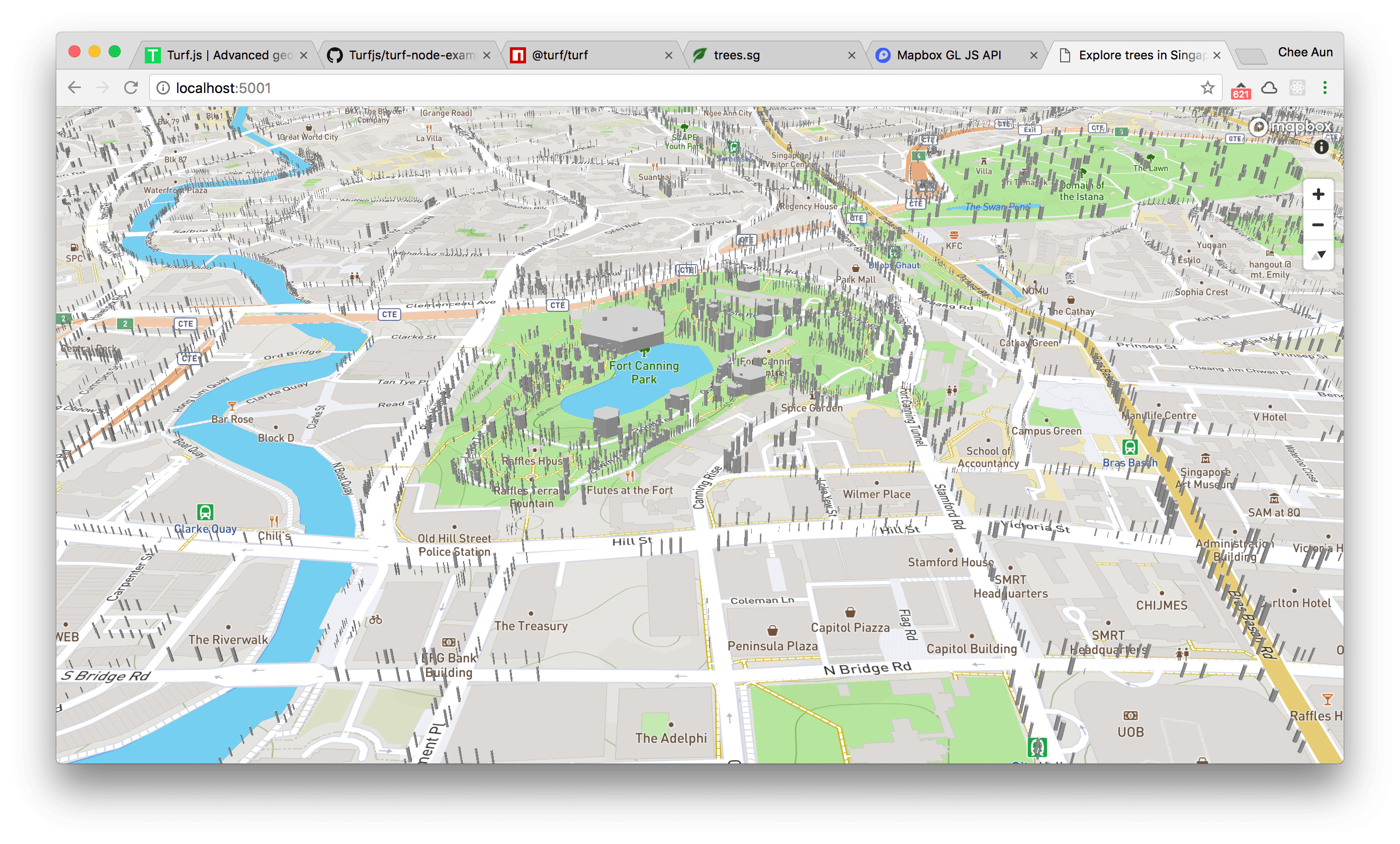 3D trees rendered based on girth and height, on a map, in Singapore
