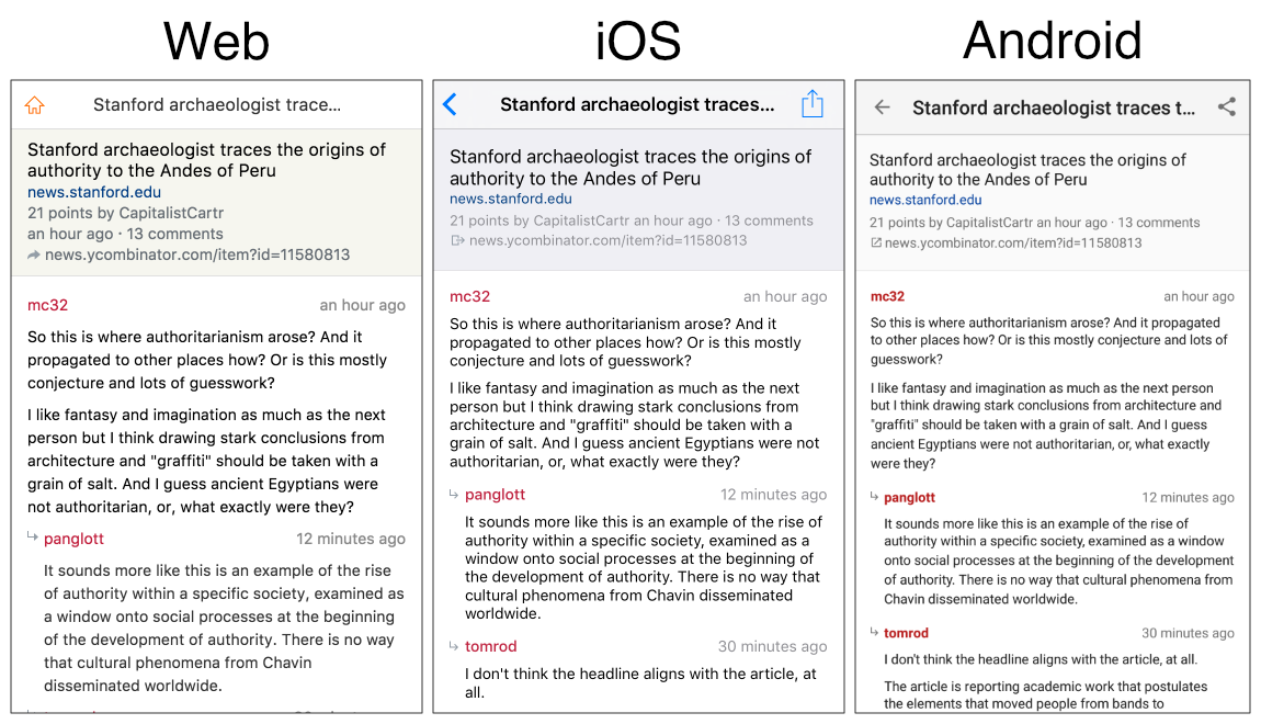 HackerWeb Comments view on Web, iOS and Android