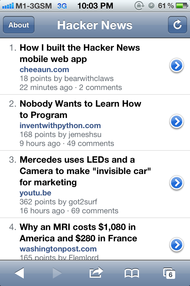 Screenshot of HNmobile frontpage showing 'How I built the Hacker News mobile web app' article listed at the top