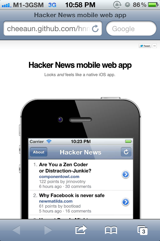 Screenshot of HNMobile landing page on Mobile Safari