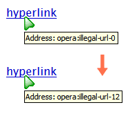 two instances, one showing a cursor hovering over a hyperlink with a tooltip 'Address: opera:illegal-url-0', the other also similar but with the tooltip 'Address: opera:illegal-url-12'