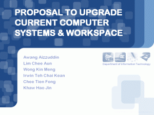 PowerPoint slide presentation titled 'Proposal to Upgrade Current Computer Systems and Workspace', designed with the Web 2.0 visual elements, blue theme and rounded corners