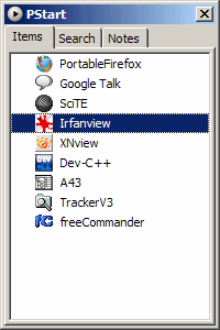 Pstart application start panel window, showing a list of portable programs, such as Portable Firefox and SciTE