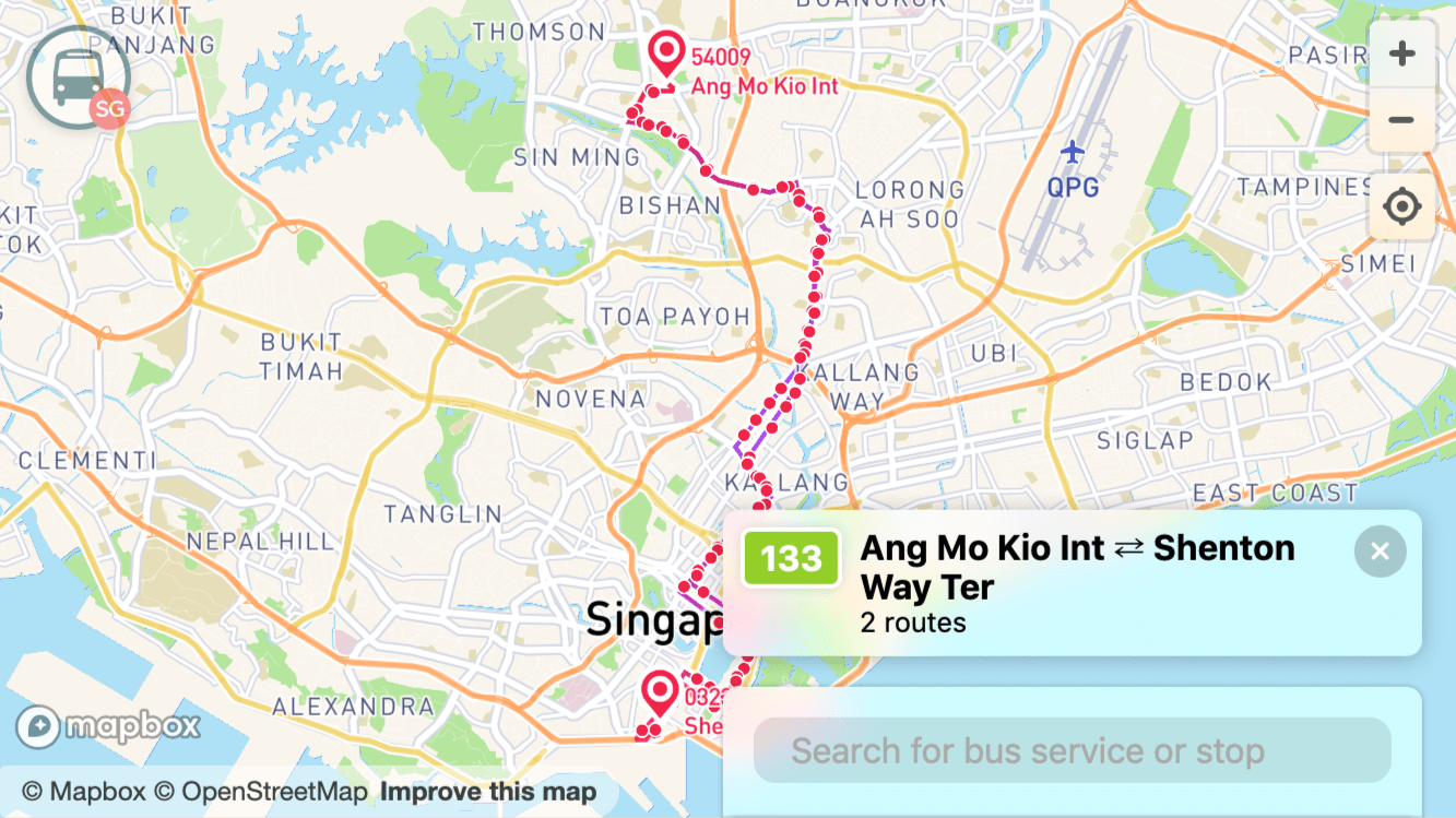 BusRouter SG 'service' view, showing routes for bus service 133
