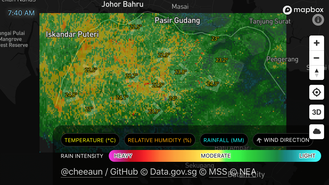 Check Weather SG showing rain intensity affecting the opacity of the polygons. Also showing a timestamp at the top left.