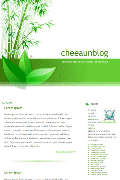cheeaunblog web site in 'green mind' design, with images of bamboo trees and leaves