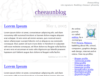 cheeaunblog web site in 'grey matter' design, complete with brain images