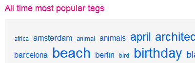 Flickr's photo tags page, showing the all time most popular tags in a tag cloud
