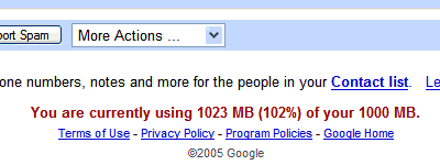 Gmail web page footer, showing 'You are currently using 1023 MB (102%) of your 1000 MB', exceeding the email quota