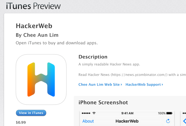 HackerWeb on the App Store; the iTunes Preview page