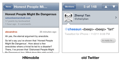 Details/comments view in HNmobile web app and tweet view on the old native Twitter app