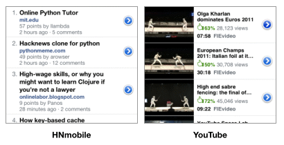 Table view in HNmobile web app and native YouTube app in comparison