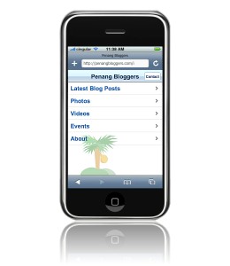 Penang Bloggers web site, optimized for Mobile Safari, displayed on iPhone
