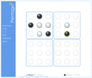 Pentagoo web site, with visible white and black marbles on the board