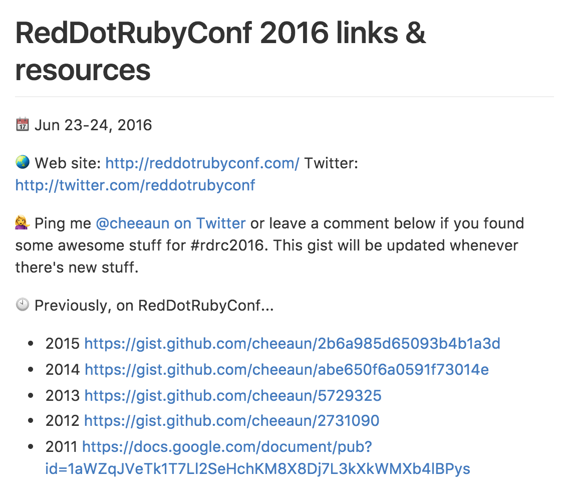 RedDotRubyConf 2016 links and resources on GitHub Gist