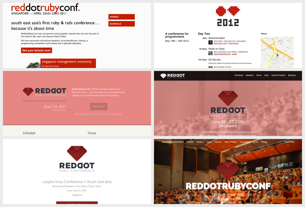 RedDotRubyConf web sites from 2011 to 2016
