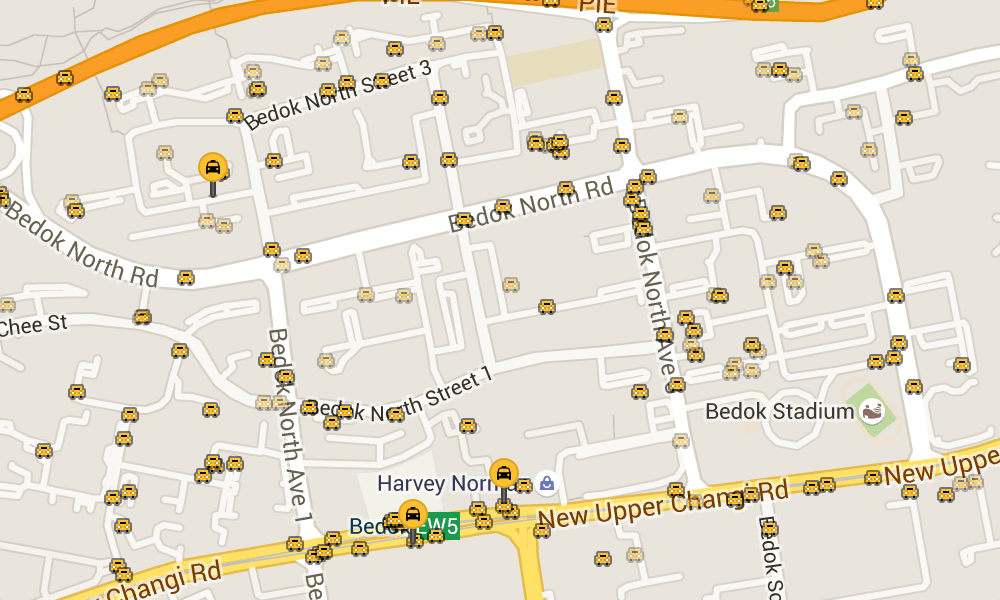 Taxi markers on map, some faded which means they are stationary