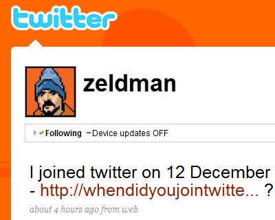 Twitter web site, showing @zeldman's profile page