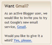 Gmail invitation section on the sidebar of the Blogger Dashboard web page