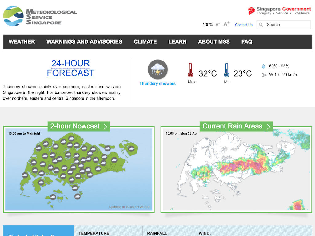 Weather.gov.sg web site showing 2-hour Nowcast and Current Rain Areas