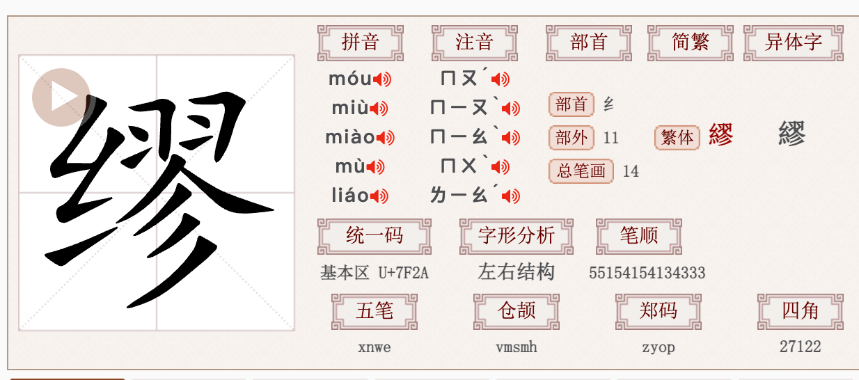 ZDIC web site showing the multiple pinyin for 缪