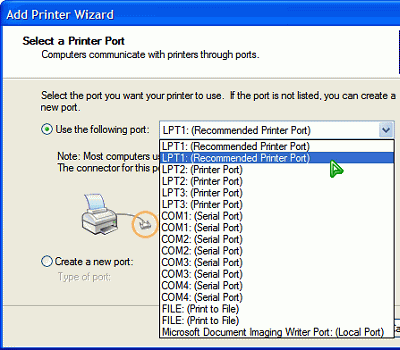 cloned ports listed on the menu popup of the 'Select a Printer Port' section of the 'Add Printer Wizard' window