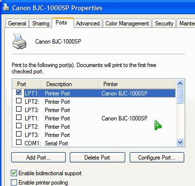 two similar ports displayed on the 'Ports' tab of the 'Canon BJC-1000SP Properties' window