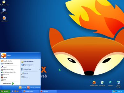 my desktop with conceptual Firefox logos all over, complete with icons and a wallpaper
