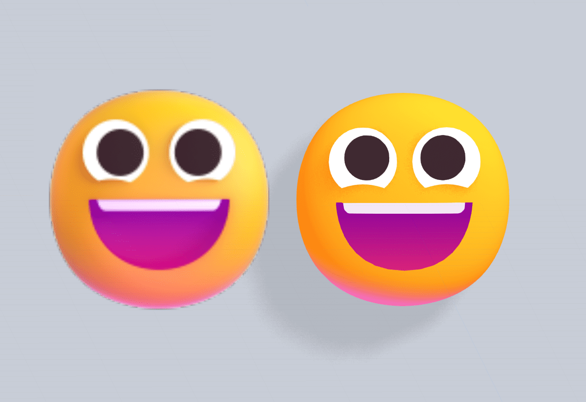 Microsoft Windows 3D Fluent emoji; left one showing the 2D art of "😀" emoji, right one showing the 3D version of "😀" emoji