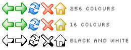 three sets of Phoenity toolbar icons, first contains 256 colours, second contains 16 colours, the last one contains only black and white