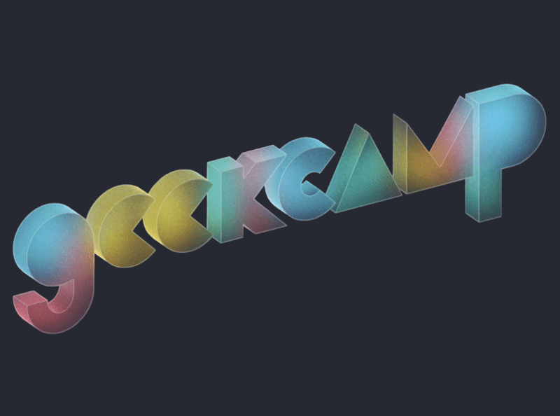 Geekcamp logo in 3D, with glass effect and dark background