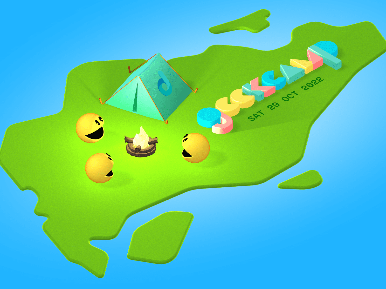 Geekcamp logo in 3D, with 3 Pac-Mans hanging out around a campfire, on Singapore island