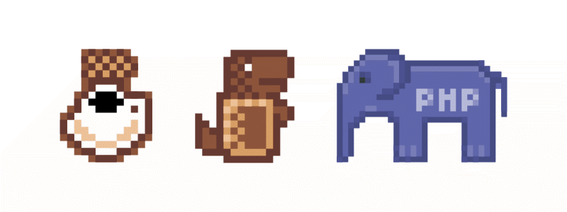 KopiJS, Milo Dinosaur and elePHPant pixelated logos