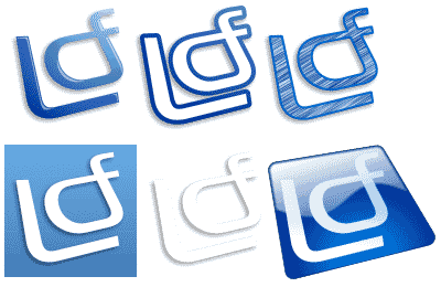 six variations of the 'Lcf' logo, different colours and decorations
