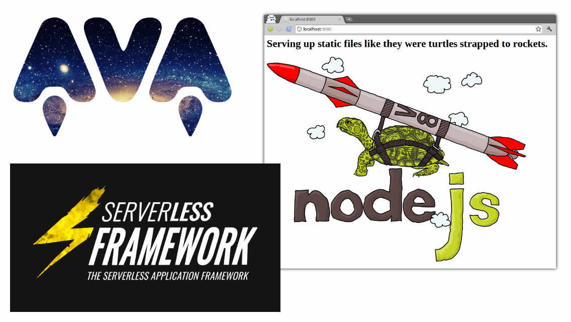 AVA project logo, Serverless framework logo, and "logo" of http-server project showing a turtle strapped to a rocket